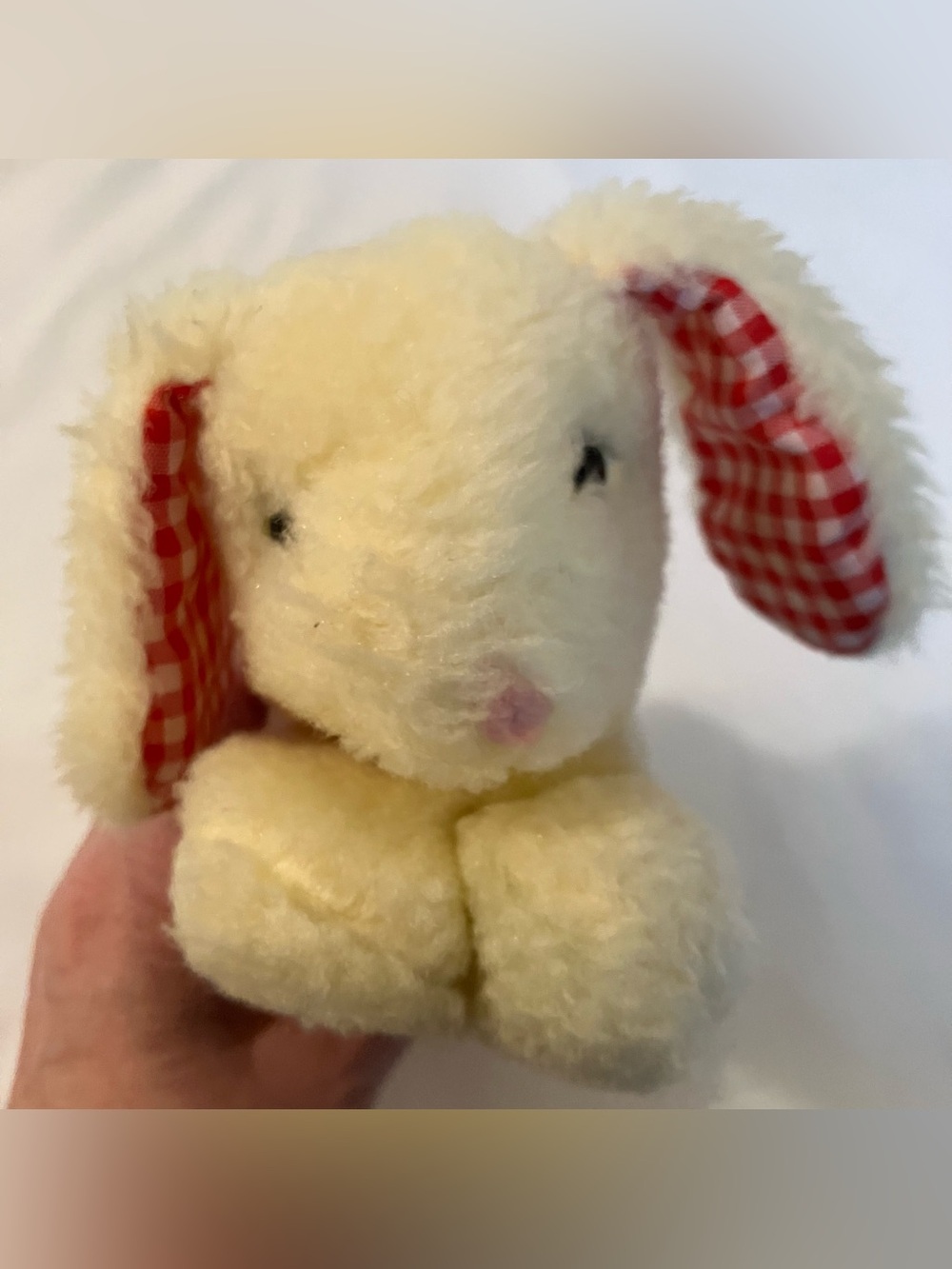 VTG Eden Bunny Rabbit Plush Sherpa Rattle Red Plaid Ears Cream Wooly Fur 90s